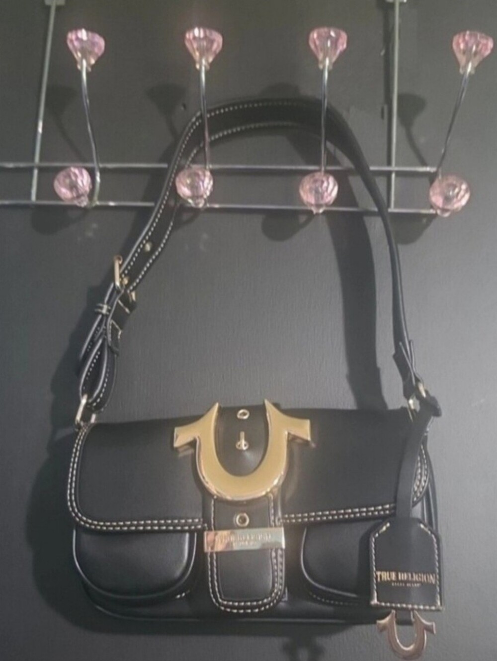 True Religion Black Leather Shoulder Bag with Gold Hardware